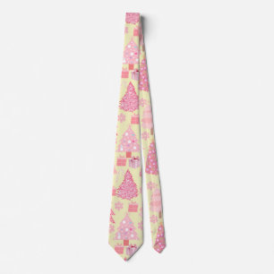 Pink Christmas Trees Pattern L Yellow BG Tie