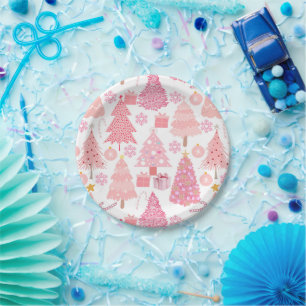Pink Christmas Trees Pattern Paper Plate