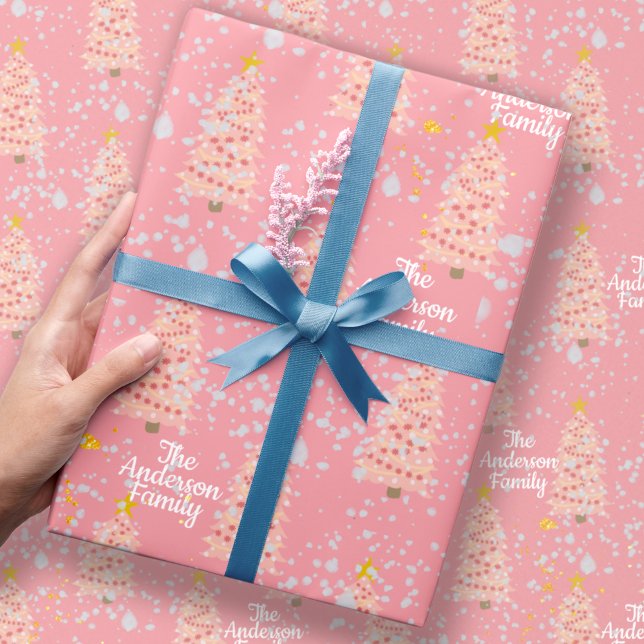 Pink Christmas Trees Personalised Wrapping Paper (Creator Uploaded)