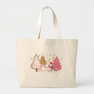 Pink Christmas Trees, Playful Penguin, and Snowman Large Tote Bag