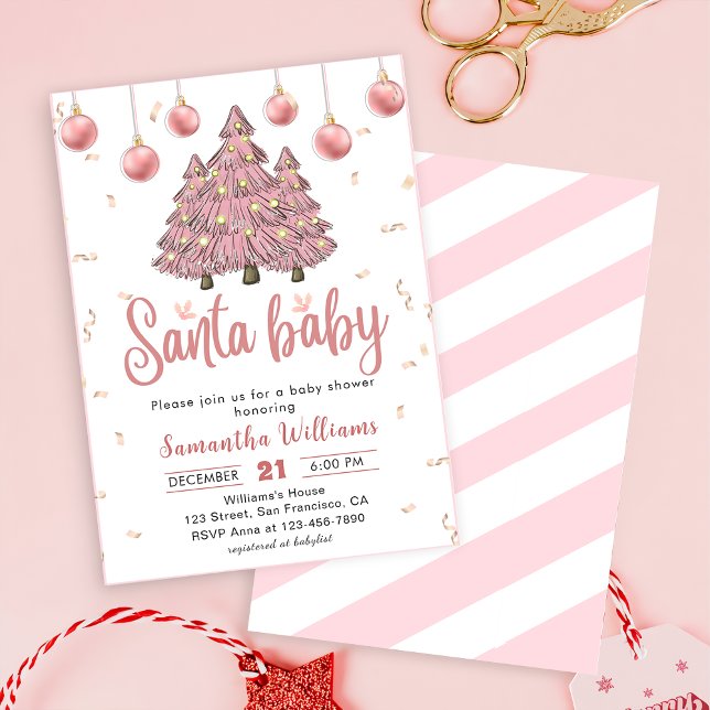 Pink Christmas Trees Santa Baby Shower Invitation (Creator Uploaded)