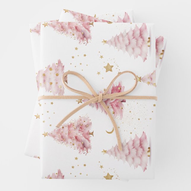 Pink Christmas Trees Wrapping Paper Sheet (In situ)