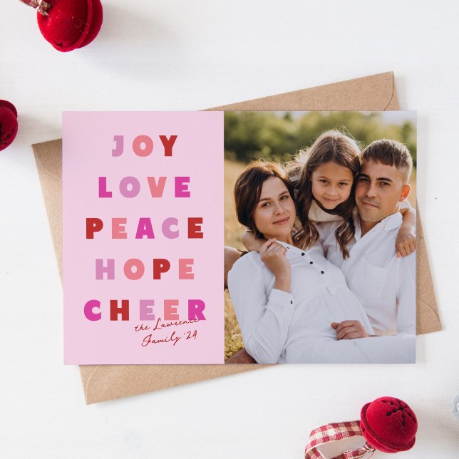Pink Christmas Typography Joy Love Peace Hope Holiday Card (pink modern typography holiday photo card)