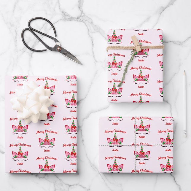 Pink Christmas Unicorn Custom Present Gift Wrapping Paper Sheet (Front)