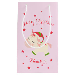 Pink Christmas Unicorn Holiday Personalised Small Gift Bag