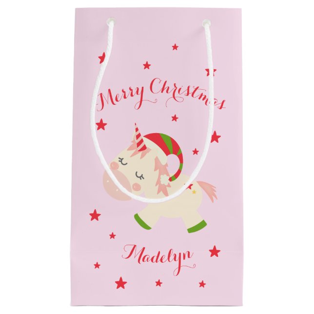 Pink Christmas Unicorn Holiday Personalised Small Gift Bag (Front)