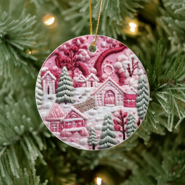 Pink Christmas Village  Ceramic Tree Decoration (Tree)