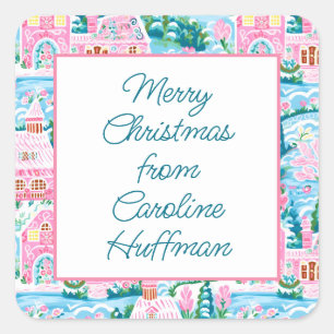 Pink Christmas Village Gift Square Sticker