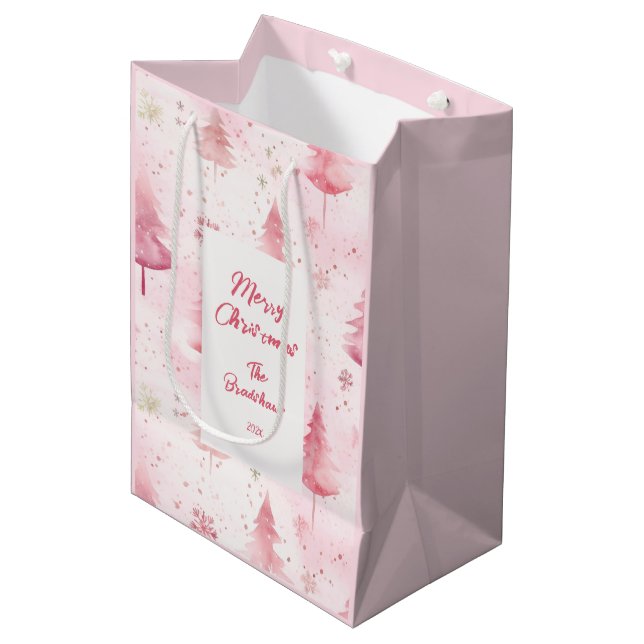 Pink Christmas Vintage Pine Trees Gift Bag (Front Angled)