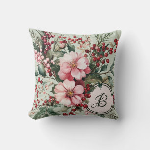 Pink Christmas Watercolor Floral Monogram Cushion