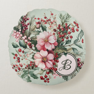 Pink Christmas Watercolor Floral Personalized Roun Round Cushion