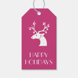 Pink Christmas White Reindeer Personalised Message Gift Tags