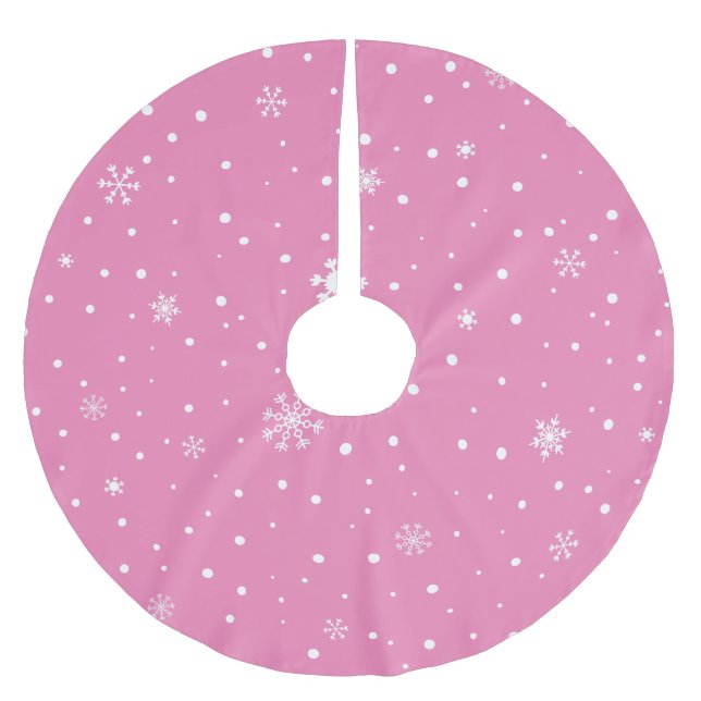 Pink Christmas White Snowflakes & Polka Dots Brushed Polyester Tree Skirt (Front)
