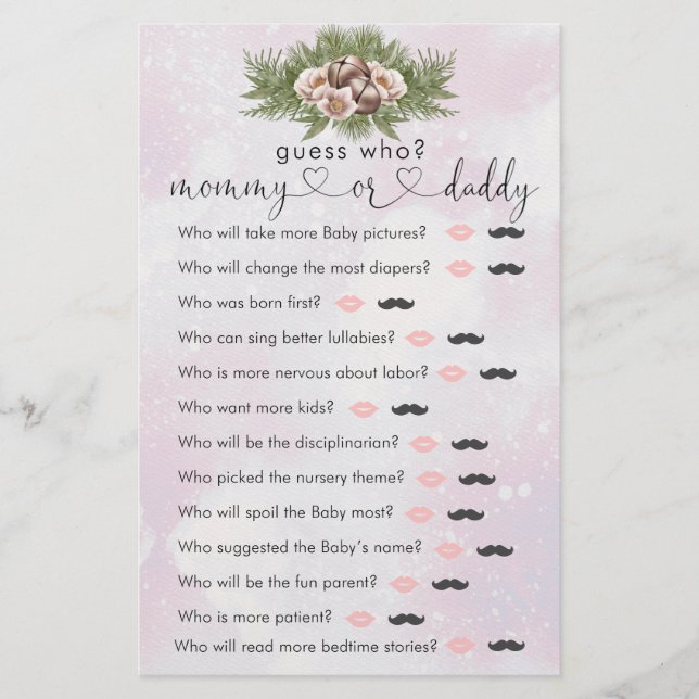 Pink Christmas Winter Baby Shower "Guess Who" Game (Front)