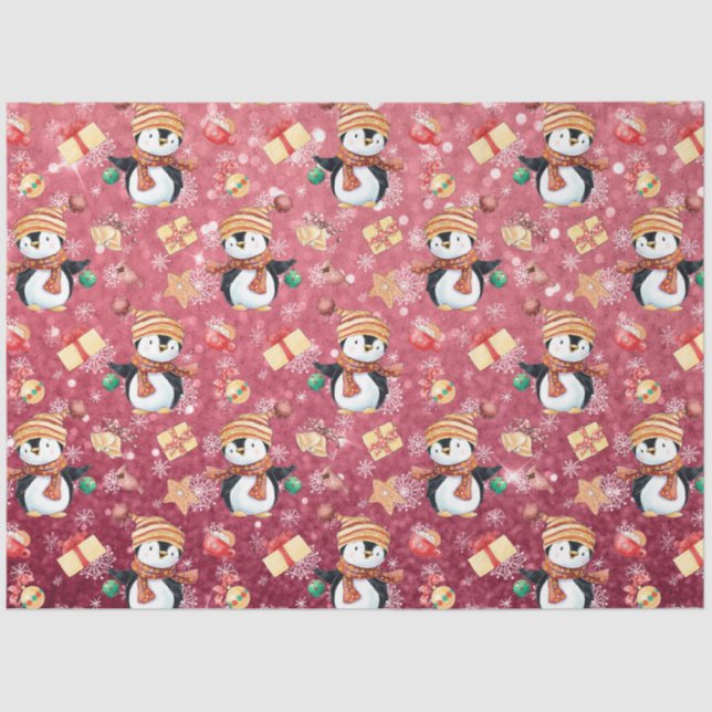Pink Christmas Winter Penguins Snowflakes for Kids Tissue Paper (Front)