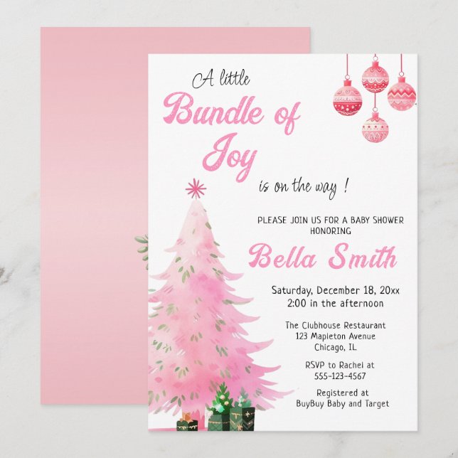 Pink Christmas Winter Tree Baby Shower Invitation (Front/Back)