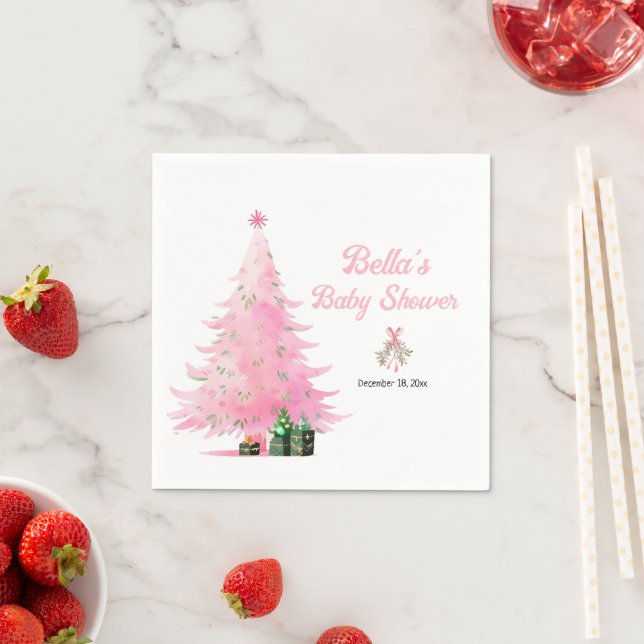 Pink Christmas Winter Tree Baby Shower Napkin (Insitu)