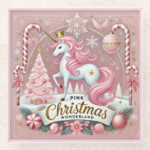 Pink Christmas Wonderland Unicorn Glass Coaster
