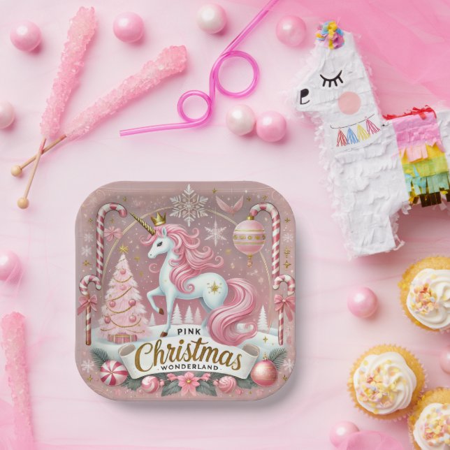 Pink Christmas Wonderland Unicorn  Paper Plate (Party)