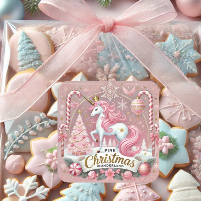 Pink Christmas Wonderland Unicorn  Square Sticker (Creator Uploaded)