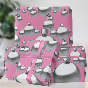 Pink Christmas Wrapping Paper Silver Baubles