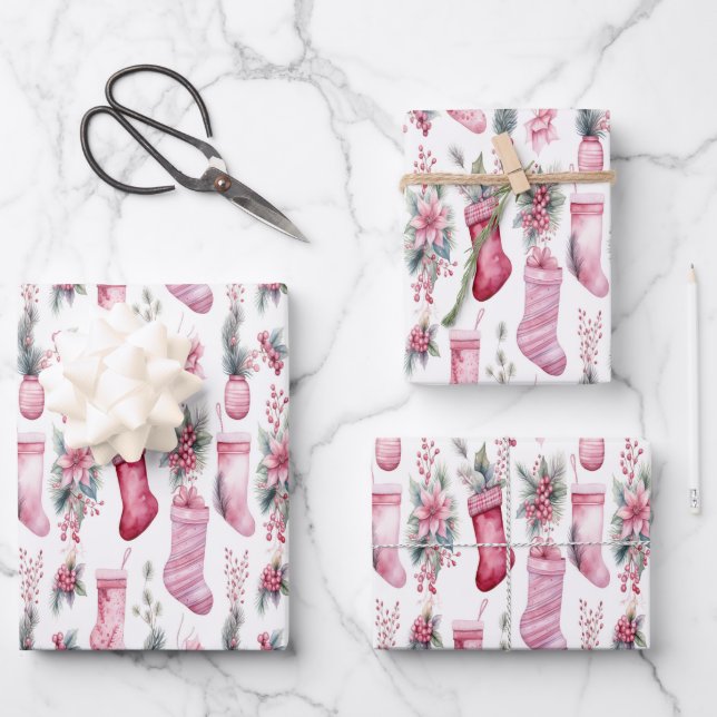 Pink Christmas wrapping with stockings pine branch Wrapping Paper Sheet (Front)