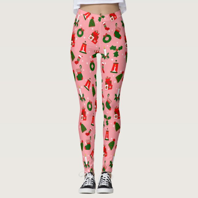 pink christmas wreath holly leggings (Front)