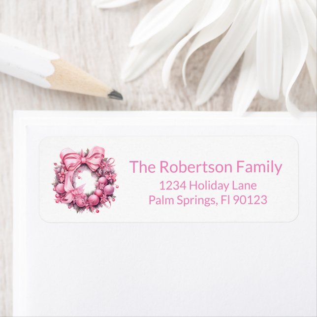 Pink Christmas Wreath Return Address (Insitu)
