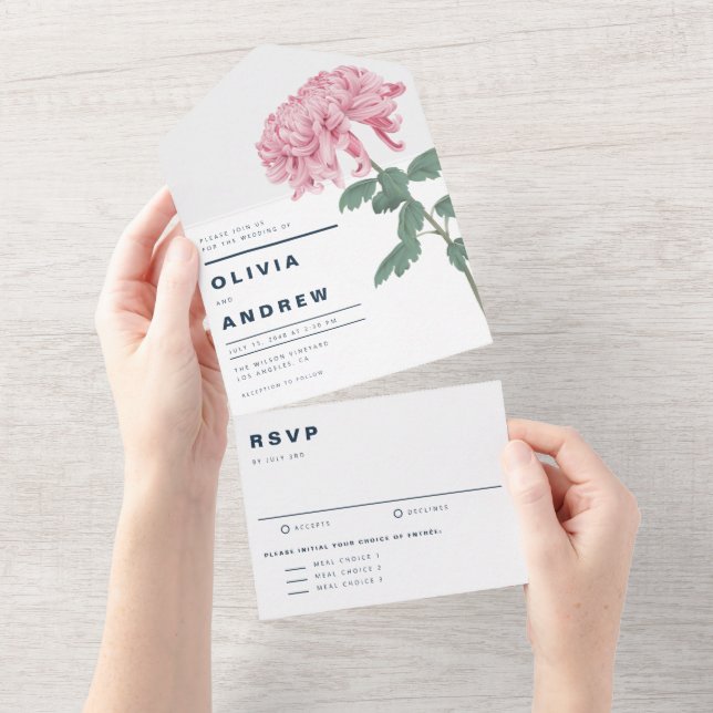Pink Chrysanthemum Botanical Wedding All In One Invitation (Tearaway)