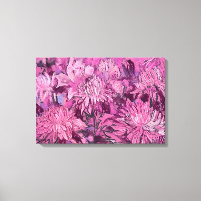 Pink Chrysanthemum Flowers Floral Pastel Painting  Canvas Print (Front)