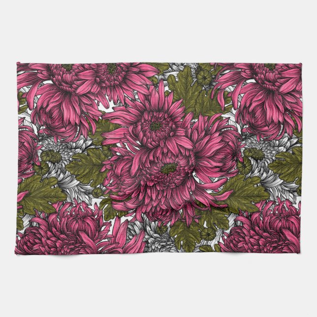 Pink chrysanthemum flowers tea towel (Horizontal)