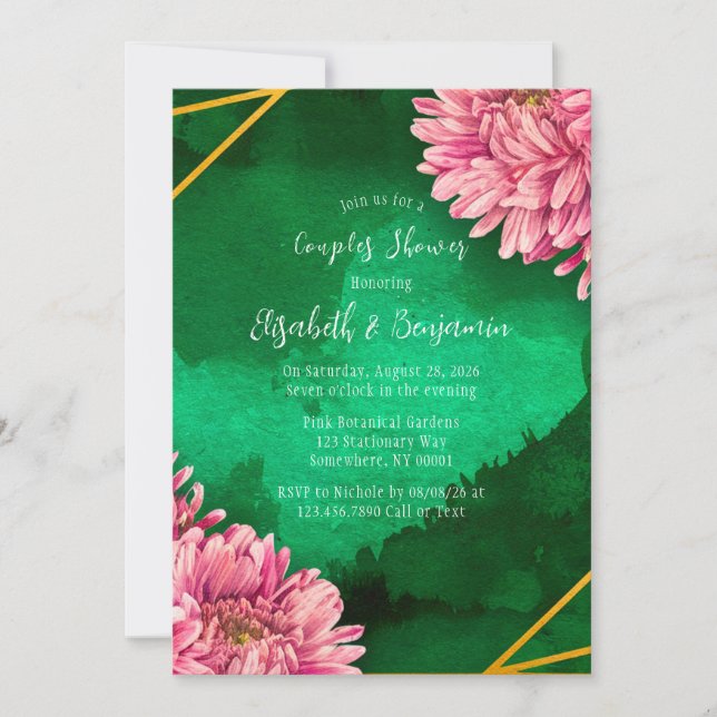 Pink Chrysanthemums Gold Geometric Couples Shower Invitation (Front)