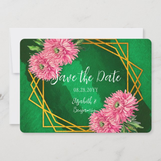 Pink Chrysanthemums Gold Geometric Wedding Save The Date (Front)
