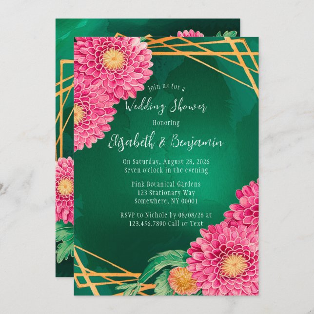Pink Chrysanthemums Gold Geometric Wedding Shower Invitation (Front/Back)