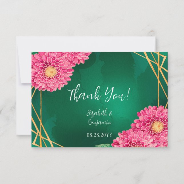 Pink Chrysanthemums Gold Geometric Wedding Thank You Card (Front)