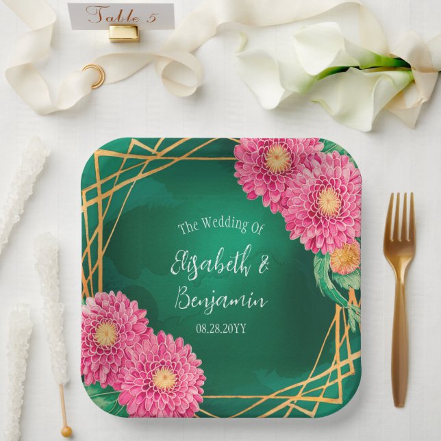 Pink Chrysanthemums with Gold Geometric Wedding Paper Plate (Wedding)