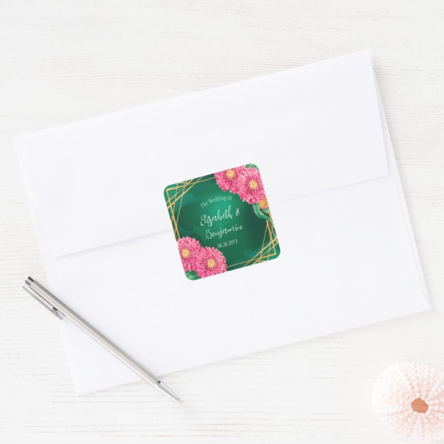 Pink Chrysanthemums with Gold Geometric Wedding Square Sticker (Envelope)