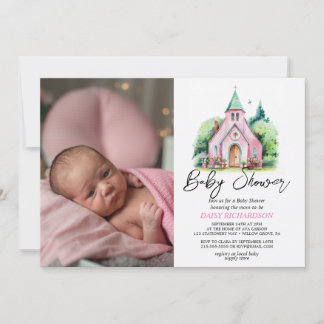 Pink church floral watercolor baby shower invitation