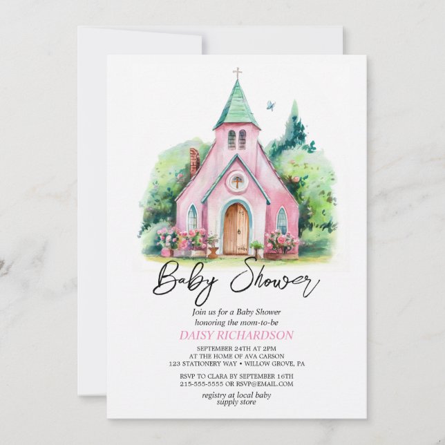 Pink church floral watercolor baby shower invitation (Front)