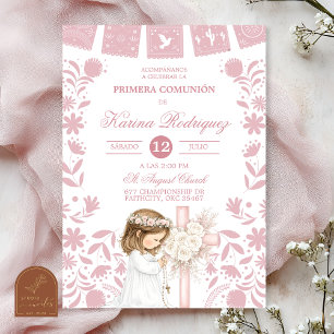 Pink Cielito Lindo First Holy Communion Girl Kneel Invitation