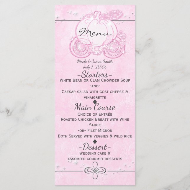 Pink Cinderella Carriage Elegant Party Menu (Front)