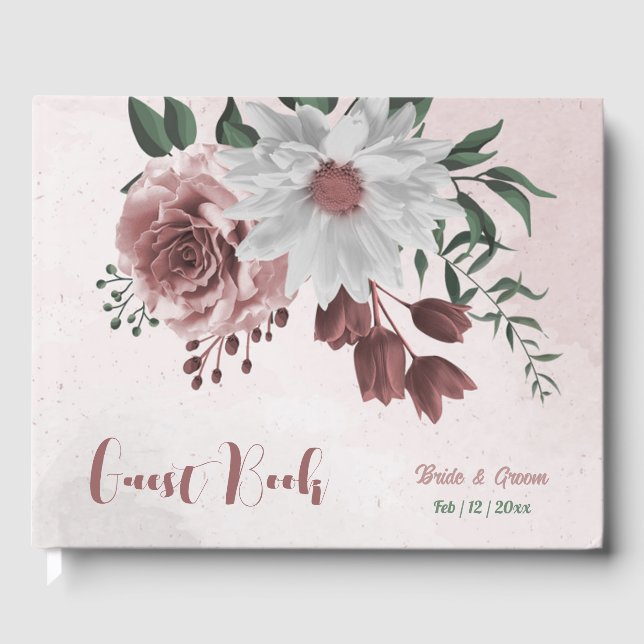  pink cinnamon rose white floral geometric wedding guest book (Front)