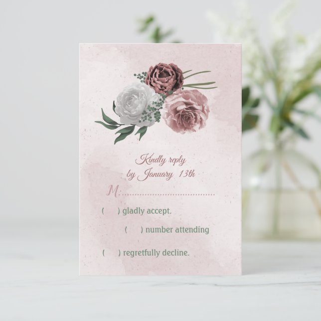pink cinnamon rose white floral RSVP card (Standing Front)
