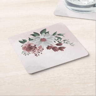 pink cinnamon rose white floral square paper coaster