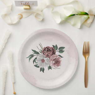 pink cinnamon rose white floral wedding paper plate