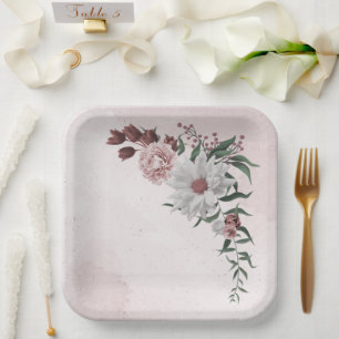 pink cinnamon rose white floral wedding paper plate