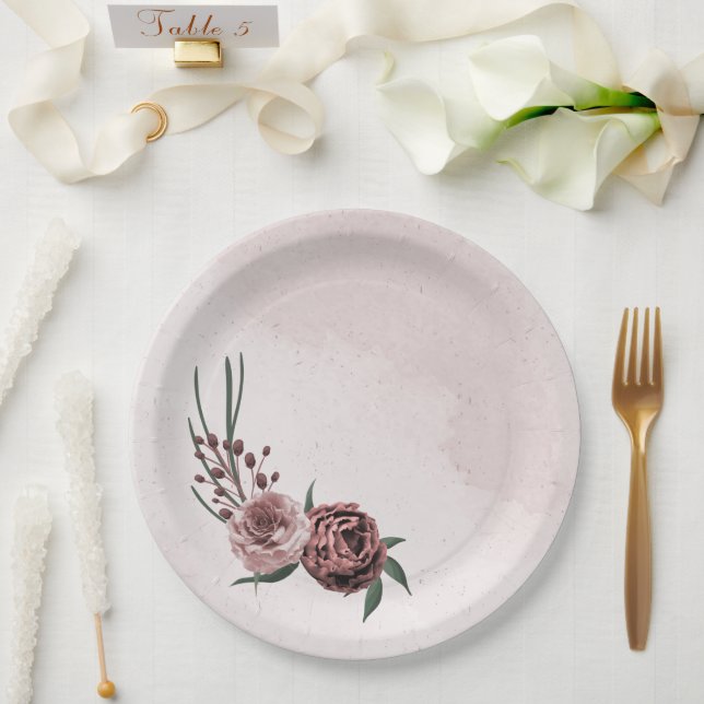  pink cinnamon rose white floral wedding paper plate (Wedding)