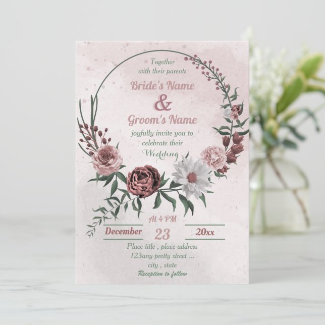 pink cinnamon rose white floral wreath wedding invitation (Standing Front)