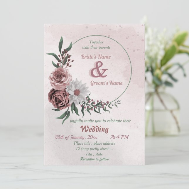 pink cinnamon rose white floral wreath wedding invitation (Standing Front)
