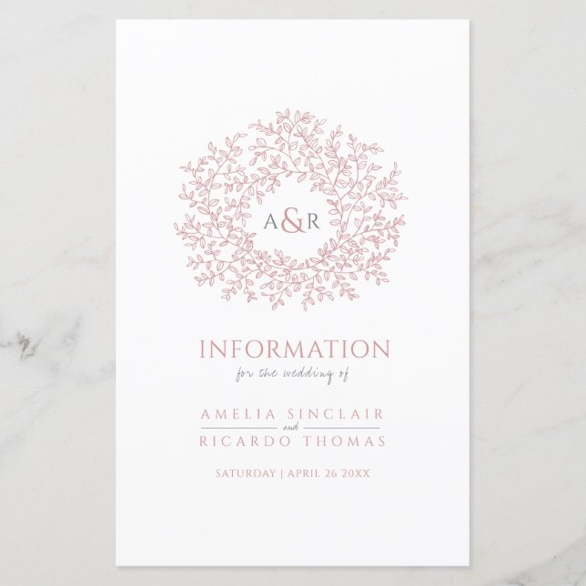 Pink circle of leaves wedding guest information (Front)